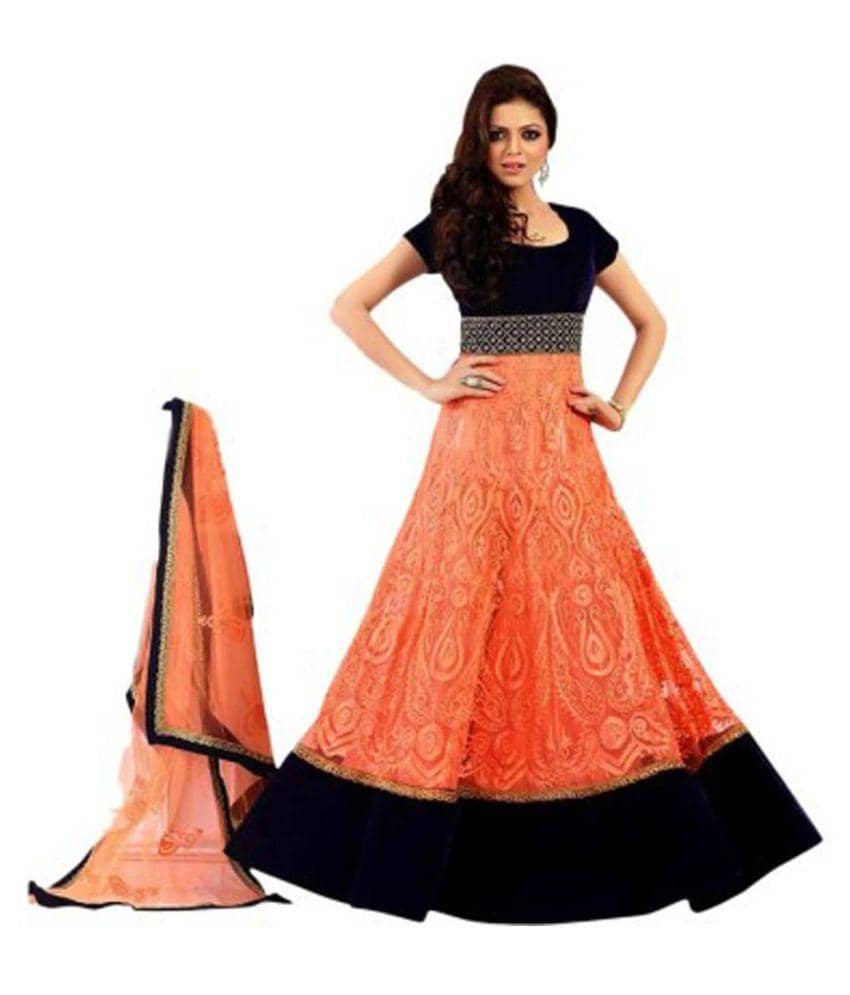 Murliwale Orange and Black Super Net Anarkali Gown Semi-Stitched Suit - Unstitched Fabrics | Buy online on ZillyBuy