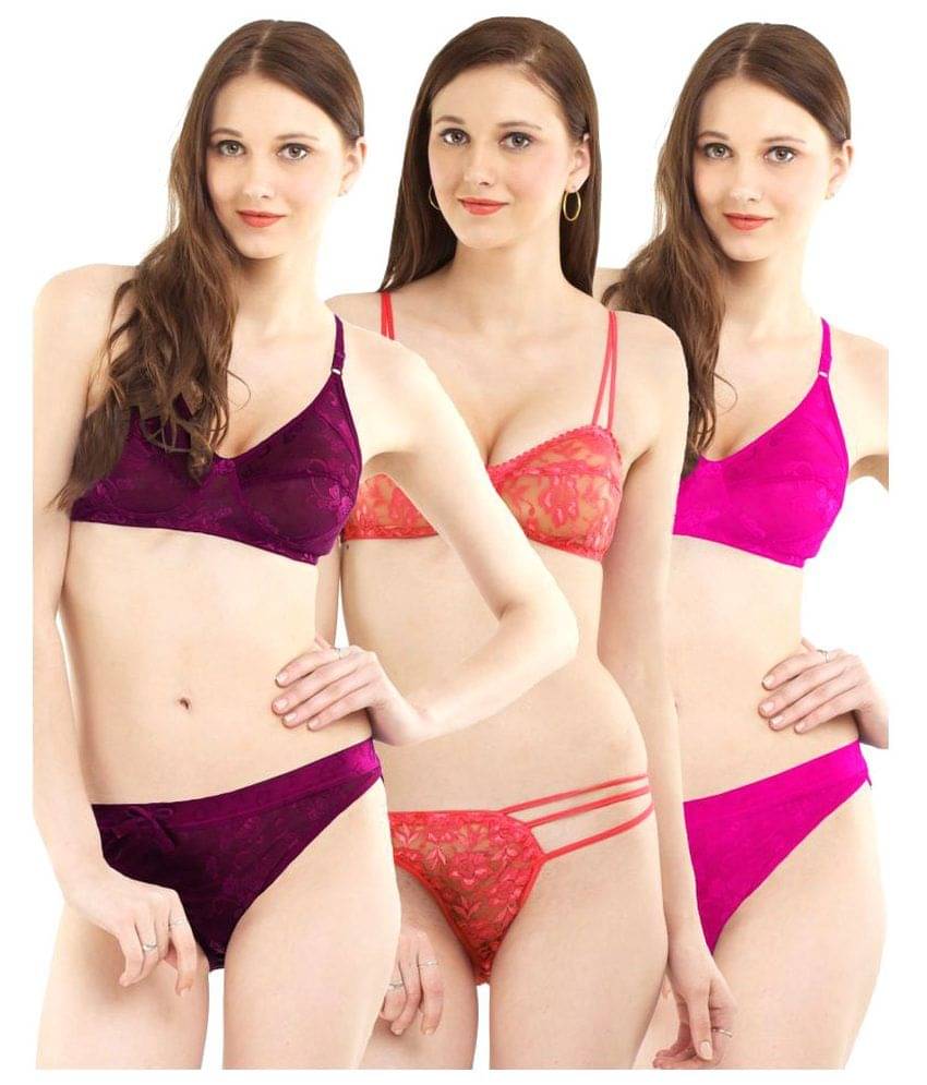 Madam Pack of 3 Net/Mesh Women's Bra & Panty Set ( Multi Color ) Madam Pack of 3 Net/Mesh Women's Bra & Panty Set ( Multi Color )