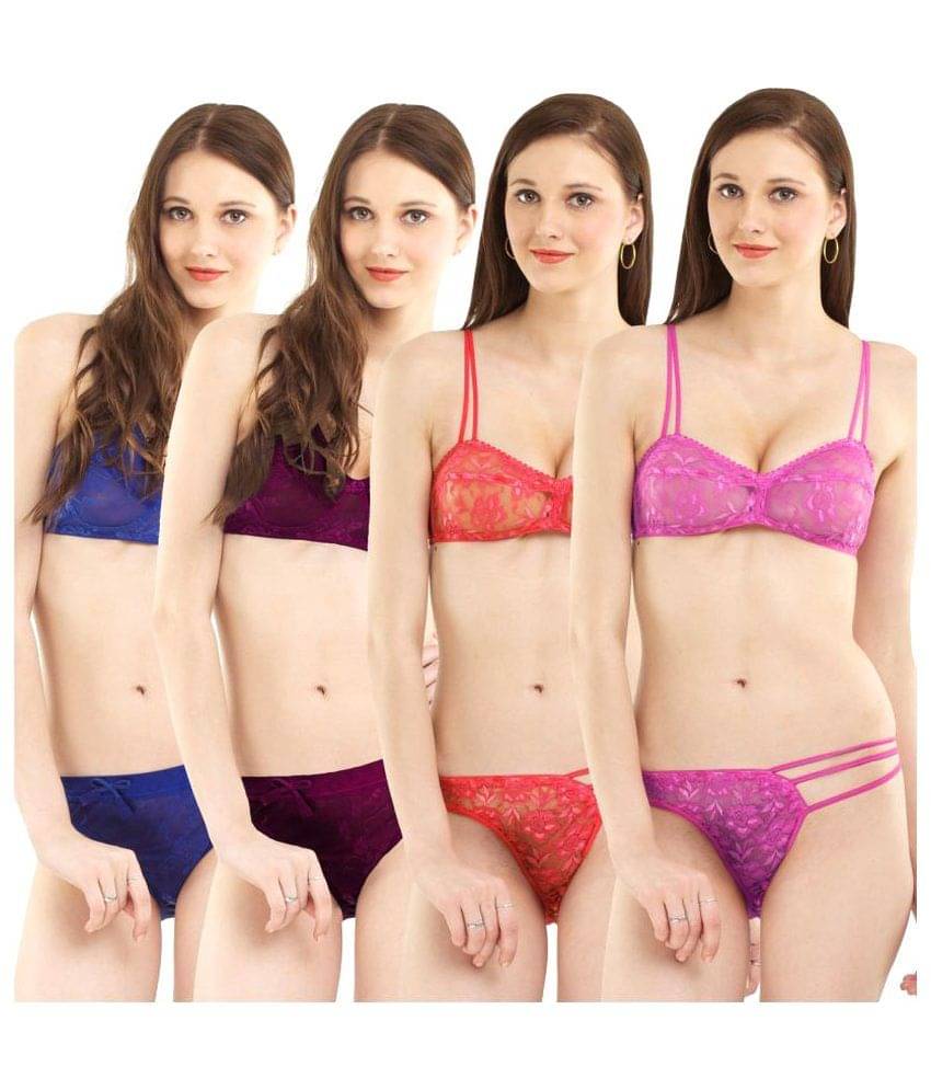 Madam Pack of 4 Net/Mesh Women's Bra & Panty Set ( Multi Color ) Madam Pack of 4 Net/Mesh Women's Bra & Panty Set ( Multi Color )