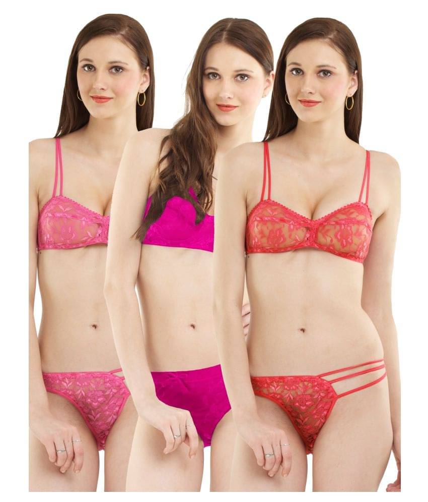 Madam Pack of 3 Net/Mesh Women's Bra & Panty Set ( Multi Color ) Madam Pack of 3 Net/Mesh Women's Bra & Panty Set ( Multi Color )