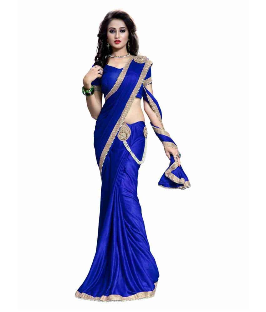 AV FASHION Silk Blend Embellished Saree With Unstitched Blouse Piece ( Blue ) - Sarees | Buy online on ZillyBuy