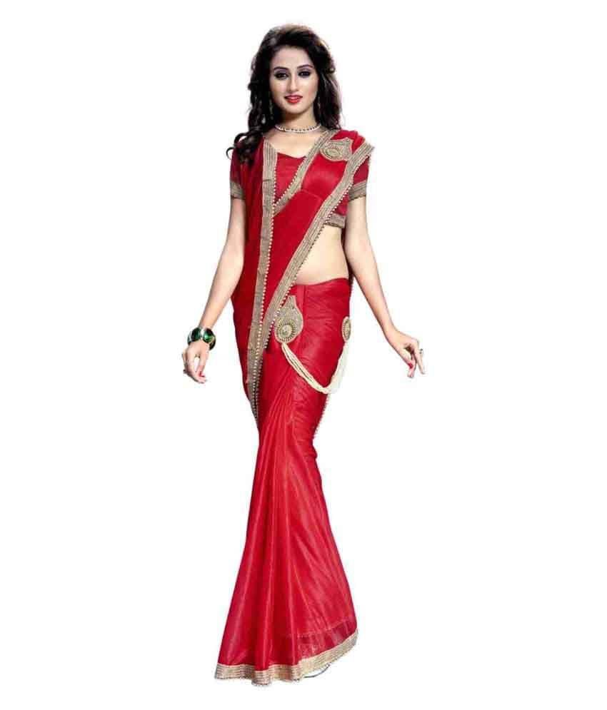     			AV FASHION Lycra Saree With Unstitched Blouse Piece ( Red,Beige )