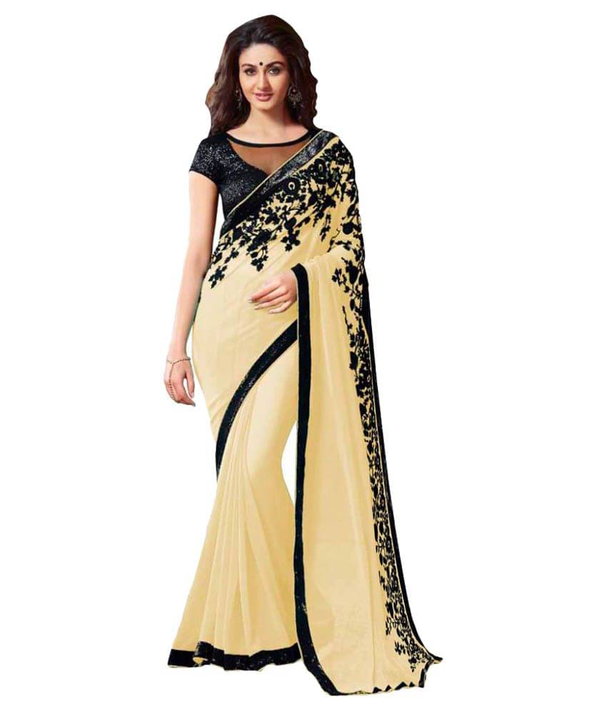 Bhuwal Fashion Chiffon Embroidered Saree With Unstitched Blouse Piece ( Black,Beige ) Bhuwal Fashion Chiffon Embroidered Saree With Unstitched Blouse Piece ( Black,Beige )