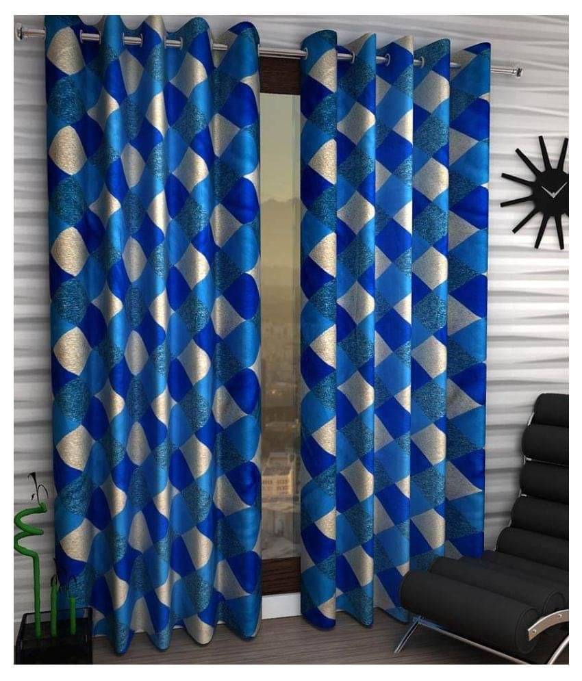     			Panipat Textile Hub Floral Semi-Transparent Eyelet Door Curtain 7 ft Pack of 2 -Blue