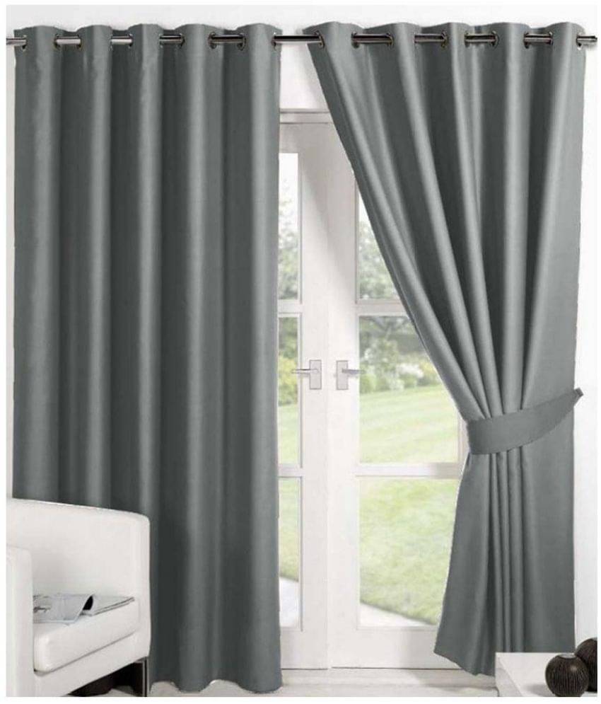     			Panipat Textile Hub Solid Semi-Transparent Eyelet Door Curtain 7 ft Pack of 2 -Gray