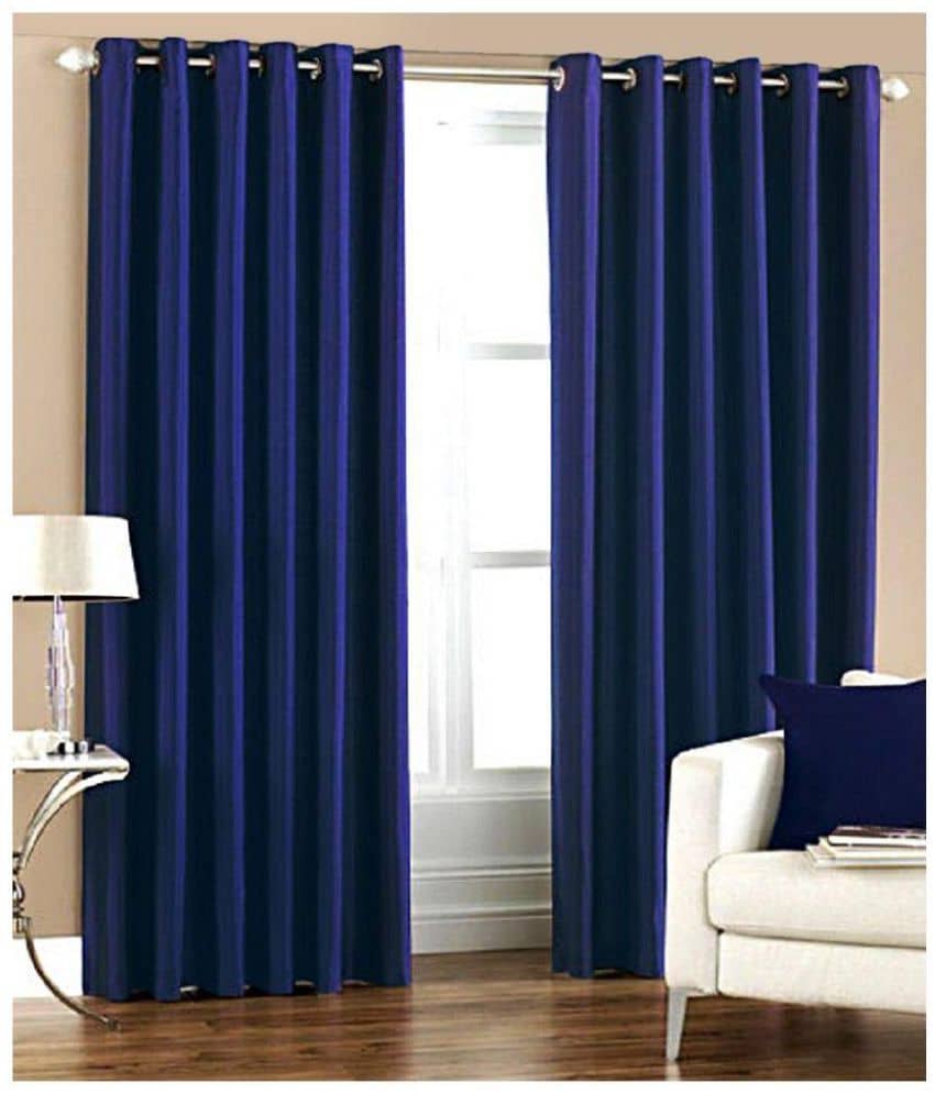 Panipat Textile Hub Solid Semi-Transparent Eyelet Door Curtain 7 ft Pack of 2 -Blue