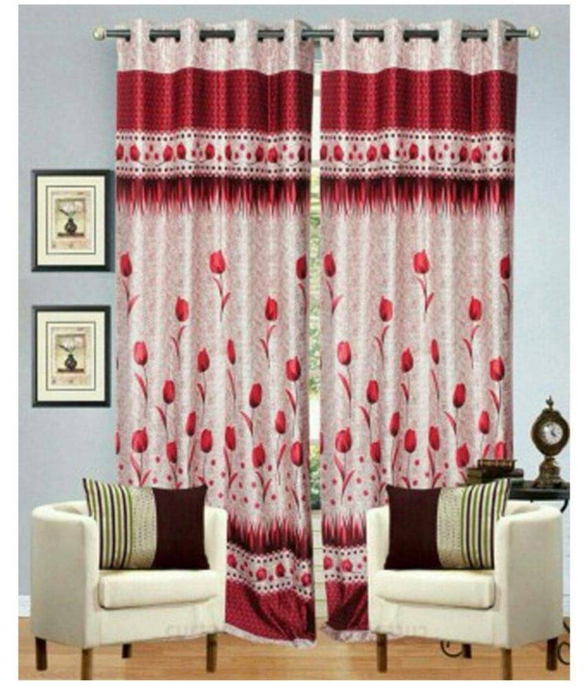 Panipat Textile Hub Floral Semi-Transparent Eyelet Door Curtain 7 ft Pack of 2 -Red Panipat Textile Hub Floral Semi-Transparent Eyelet Door Curtain 7 ft Pack of 2 -Red