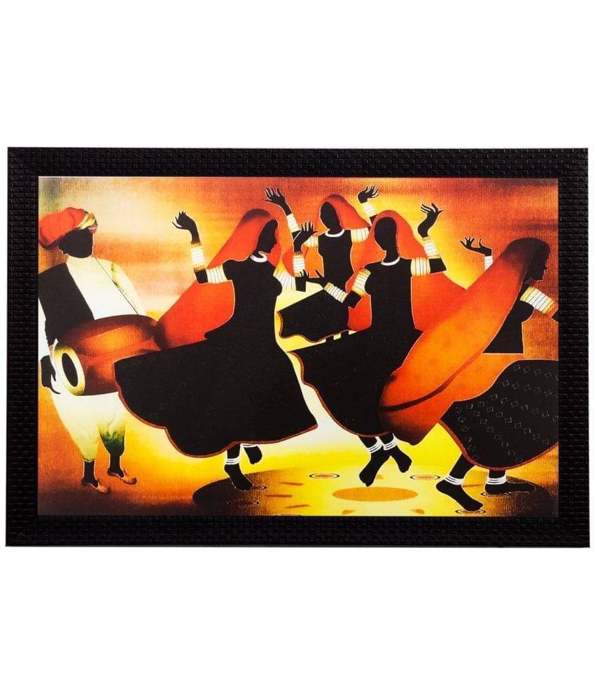     			eCraftIndia Black & Orange Dancing Village Women UV Wall Art