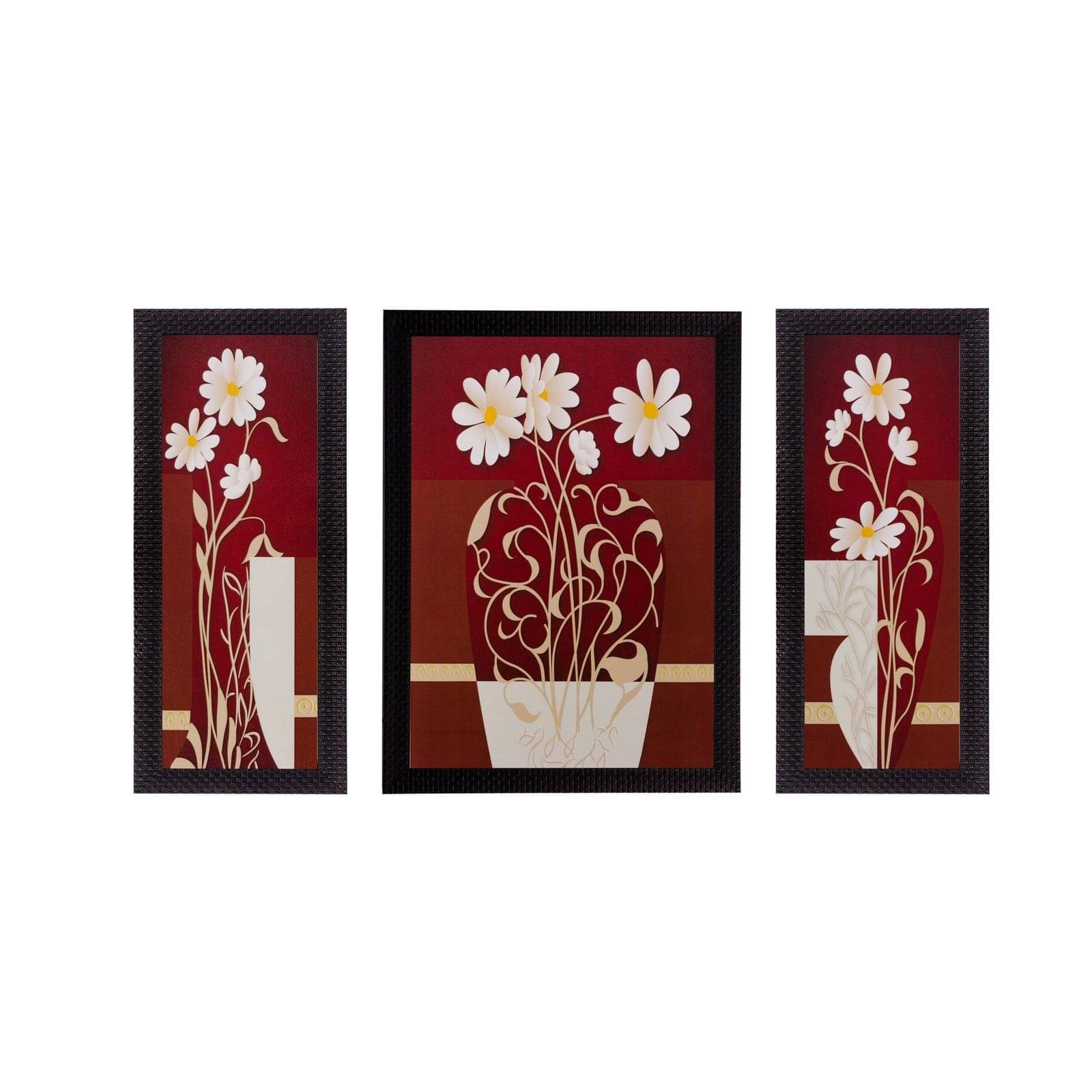     			eCraftIndia Set of 3 Maroon & White Floral UV Wall Art