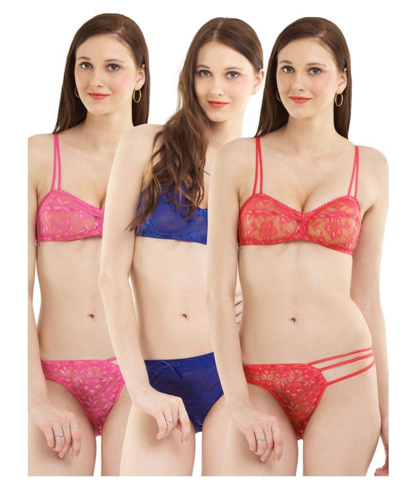 Madam Pack of 3 Net/Mesh Women's Bra & Panty Set ( Multi Color ) Madam Pack of 3 Net/Mesh Women's Bra & Panty Set ( Multi Color )