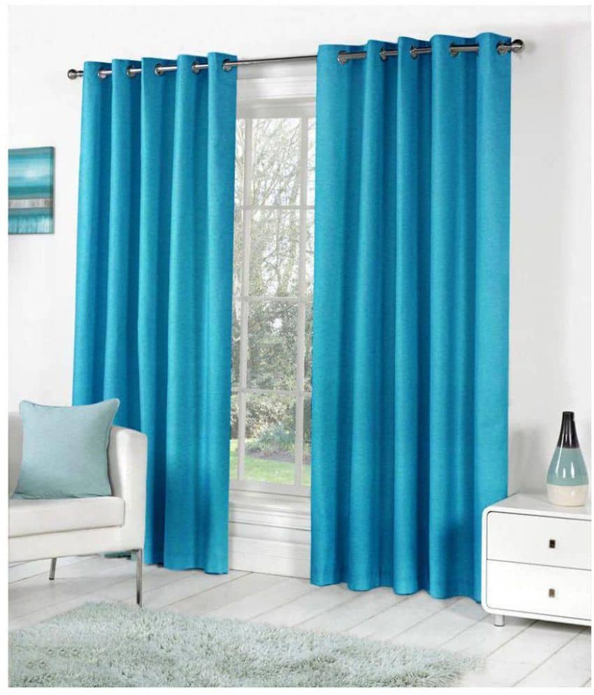 Panipat Textile Hub Solid Semi-Transparent Eyelet Door Curtain 7 ft Pack of 2 -Aqua