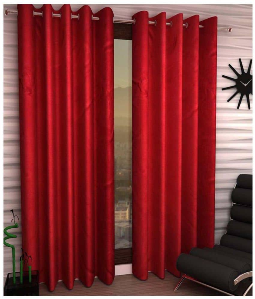 Panipat Textile Hub Solid Blackout Eyelet Door Curtain 7 ft Pack of 2 -Red