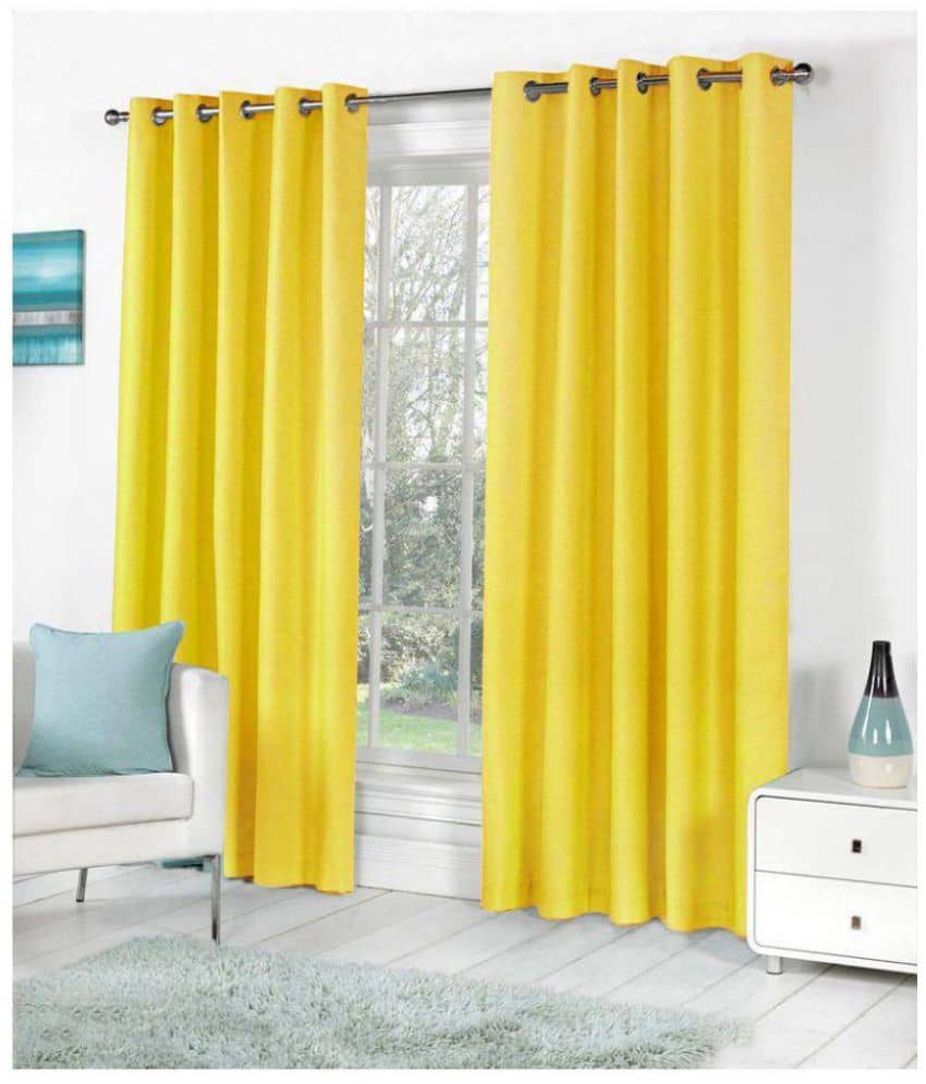 Panipat Textile Hub Floral Semi-Transparent Eyelet Door Curtain 7 ft Pack of 2 -Yellow