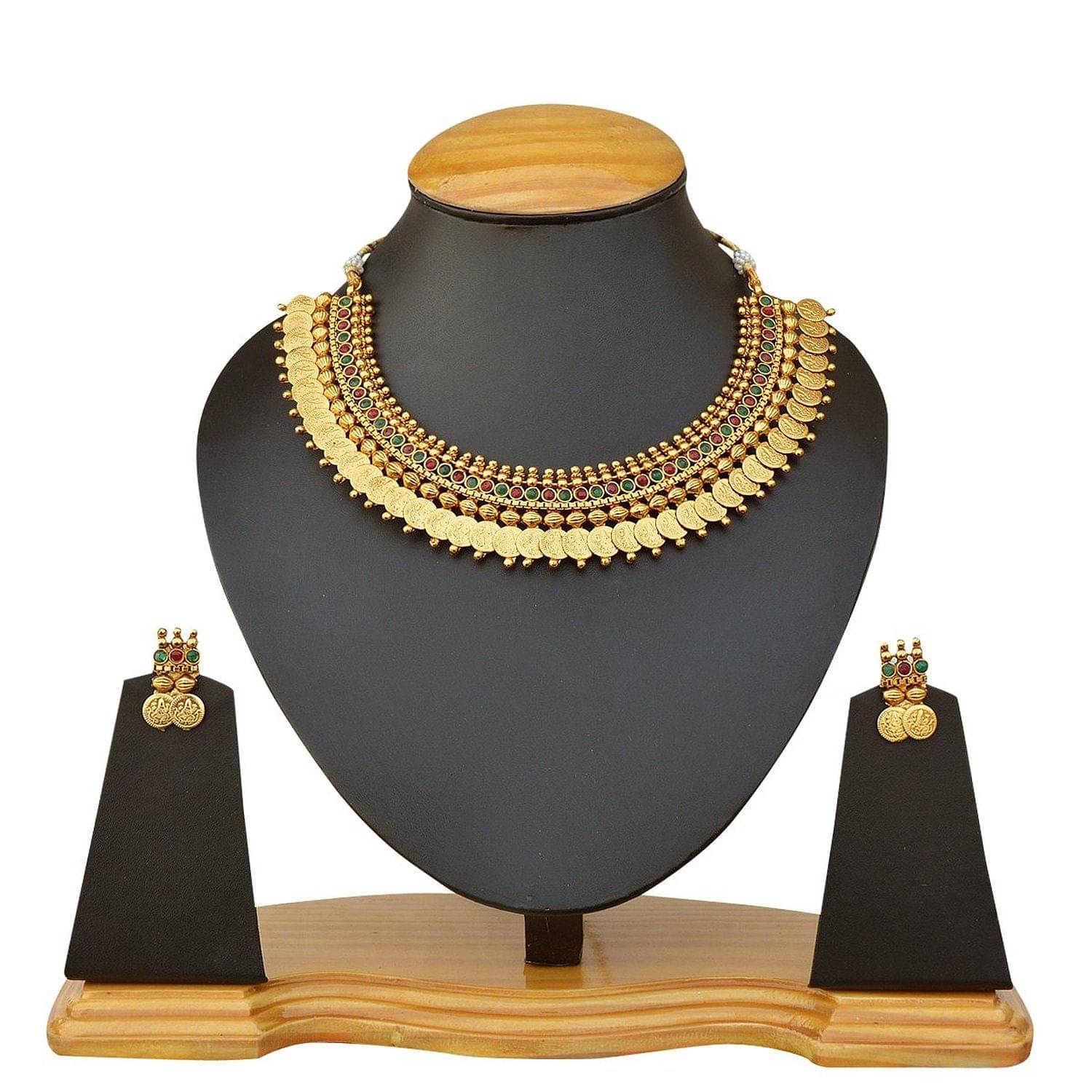 Zeneme Red and Green Traditional Temple Coin Necklace Set Zeneme Red and Green Traditional Temple Coin Necklace Set