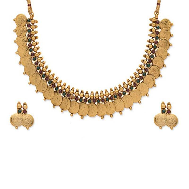     			Zeneme Red and Green Traditional Temple Coin Necklace Set