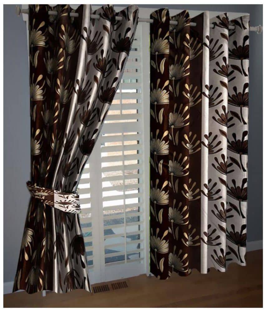 Panipat Textile Hub Floral Semi-Transparent Eyelet Door Curtain 7 ft Pack of 2 -Brown