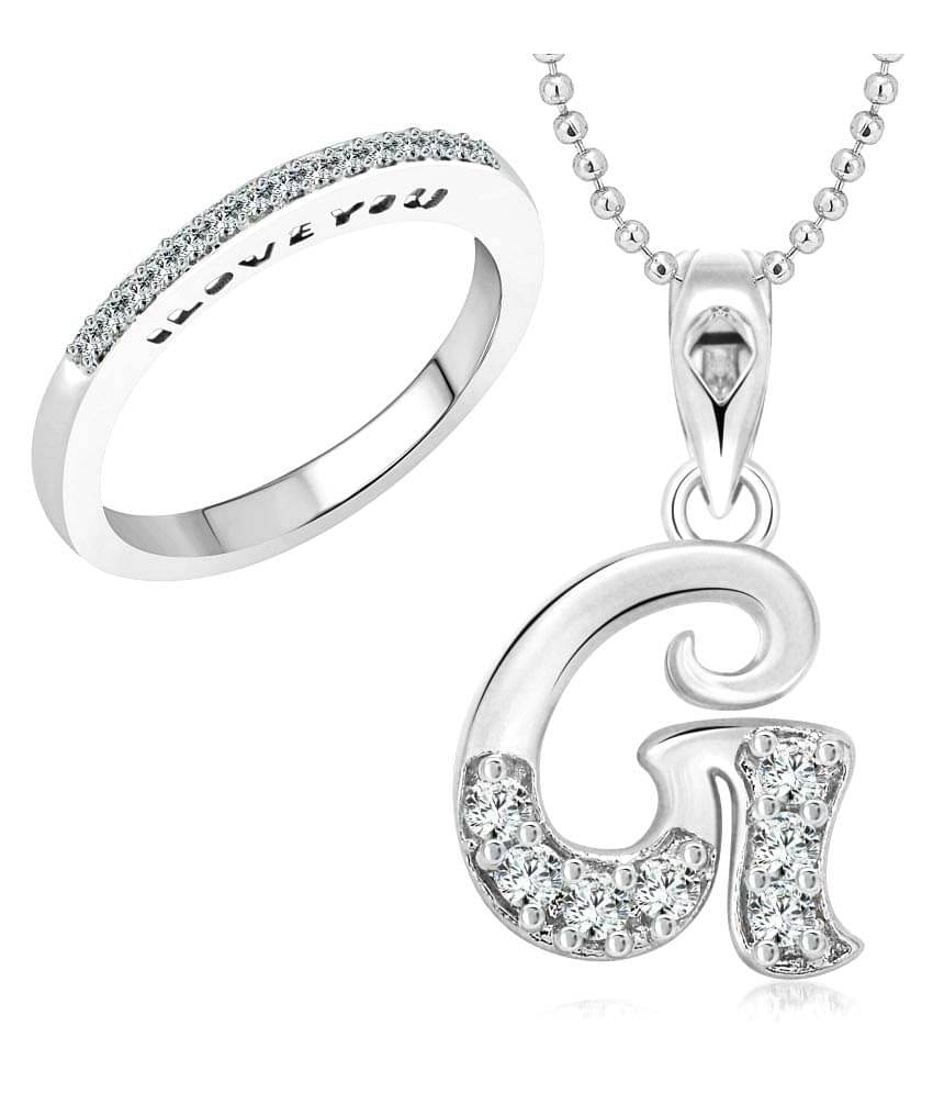     			Vighnaharta Alloy Ring with Initial ''G'' Alphabet Pendant Rhodium Plated Jewellery Combo