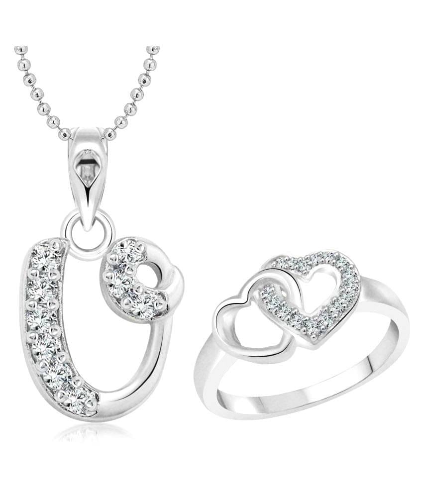Vighnaharta Heart Ring with Initial Alphabet ''U'' Pendant Rhodium Plated Jewellery Combo Vighnaharta Heart Ring with Initial Alphabet ''U'' Pendant Rhodium Plated Jewellery Combo