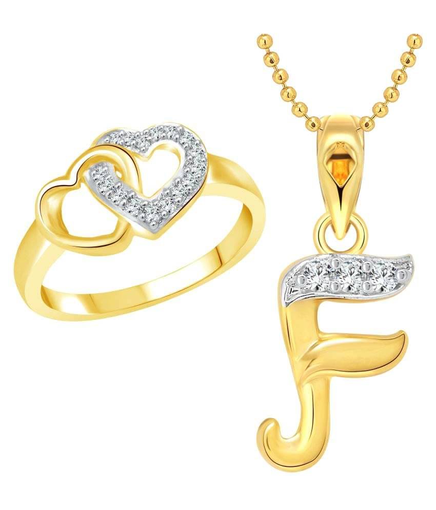 Vighnaharta Heart Ring with Initial Letter ''F'' Pendant Gold Plated Jewellery Combo Vighnaharta Heart Ring with Initial Letter ''F'' Pendant Gold Plated Jewellery Combo