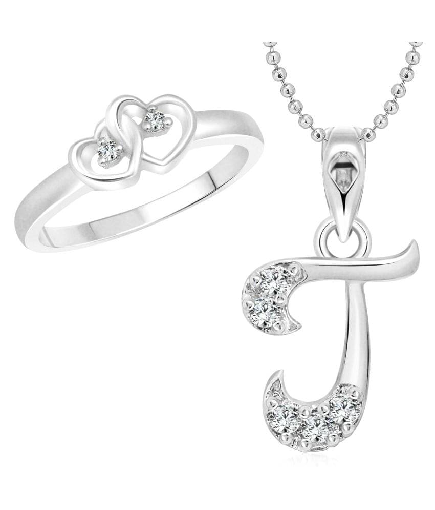     			Vighnaharta Love Ring with Initial Alphabet Pendant Rhodium Plated Jewellery Combo Set