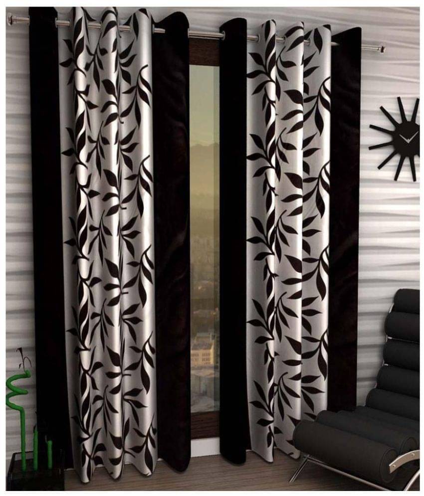 Panipat Textile Hub Floral Semi-Transparent Eyelet Door Curtain 7 ft Pack of 2 -Black Panipat Textile Hub Floral Semi-Transparent Eyelet Door Curtain 7 ft Pack of 2 -Black