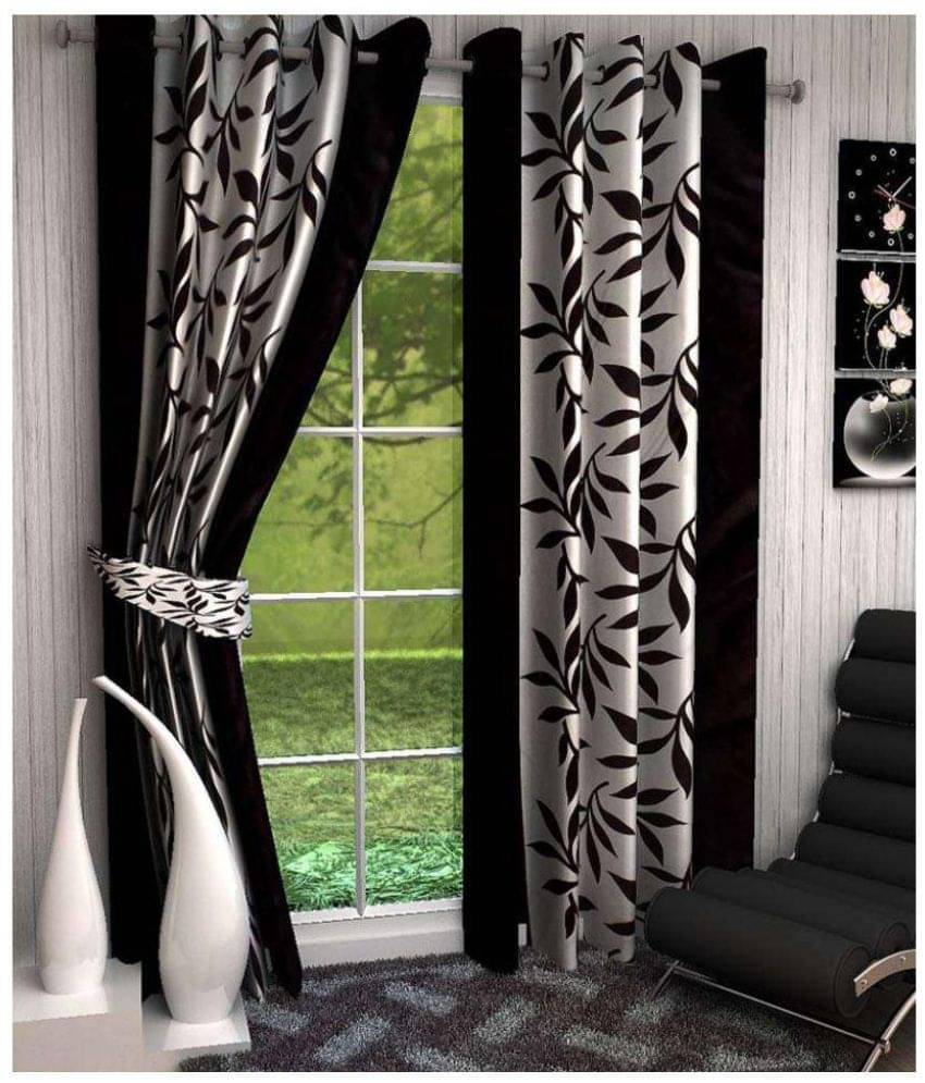 Panipat Textile Hub Floral Semi-Transparent Eyelet Door Curtain 7 ft Pack of 2 -Black Panipat Textile Hub Floral Semi-Transparent Eyelet Door Curtain 7 ft Pack of 2 -Black