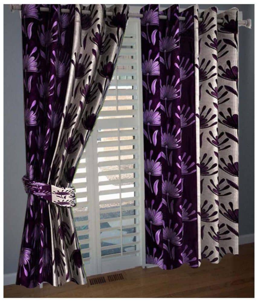 Panipat Textile Hub Floral Semi-Transparent Eyelet Door Curtain 7 ft Pack of 2 -Purple
