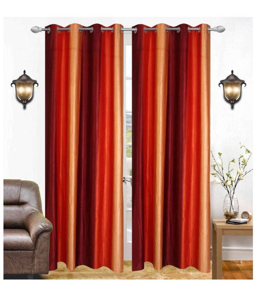     			Tanishka Fabs Stripes Semi-Transparent Eyelet Door Curtain 7 ft Pack of 4 -Red