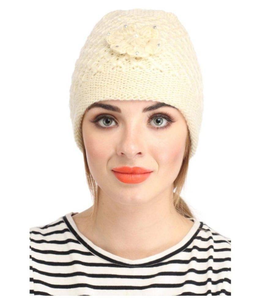     			Tahiro Cream Colour Winters Woolen Knitted Cap For Women