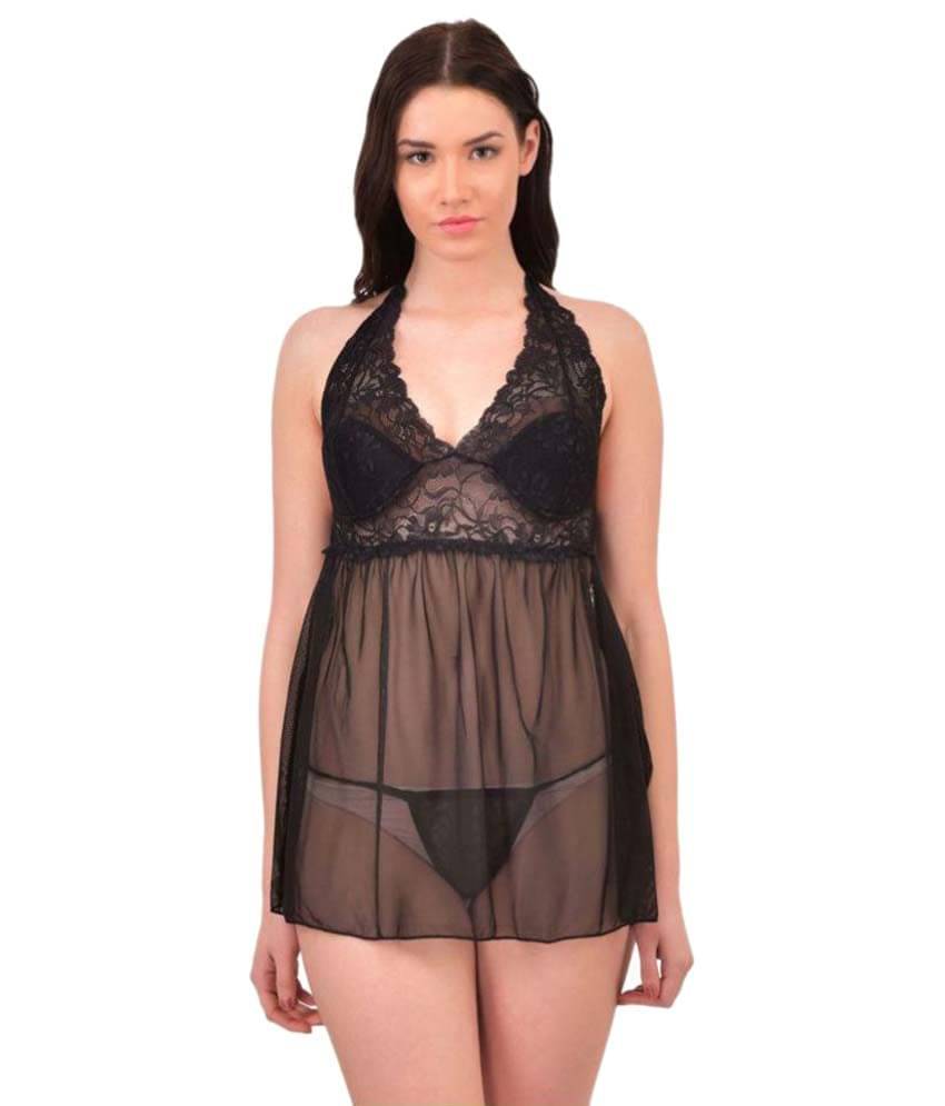     			N-Gal Polyester Baby Doll Dresses With Panty - Black