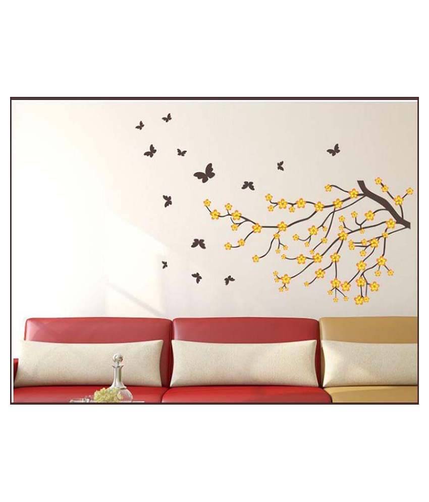     			Happysticky Yellow Flowers With Butterfly Vinyl Black Wall Stickers