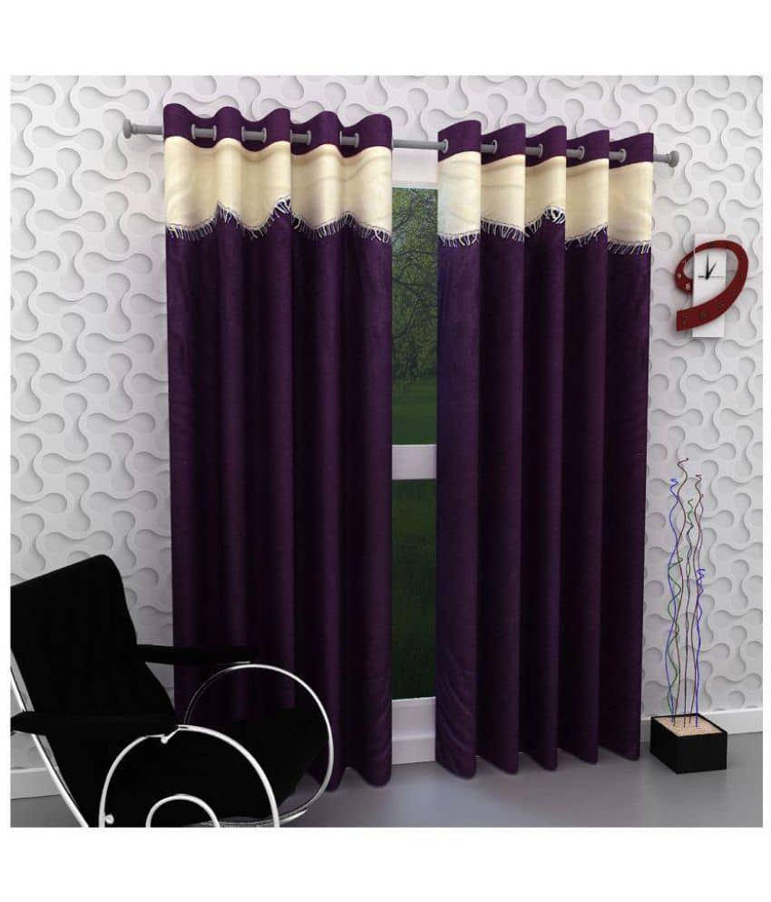 Panipat Textile Hub Floral Semi-Transparent Eyelet Door Curtain 7 ft Pack of 2 -Purple