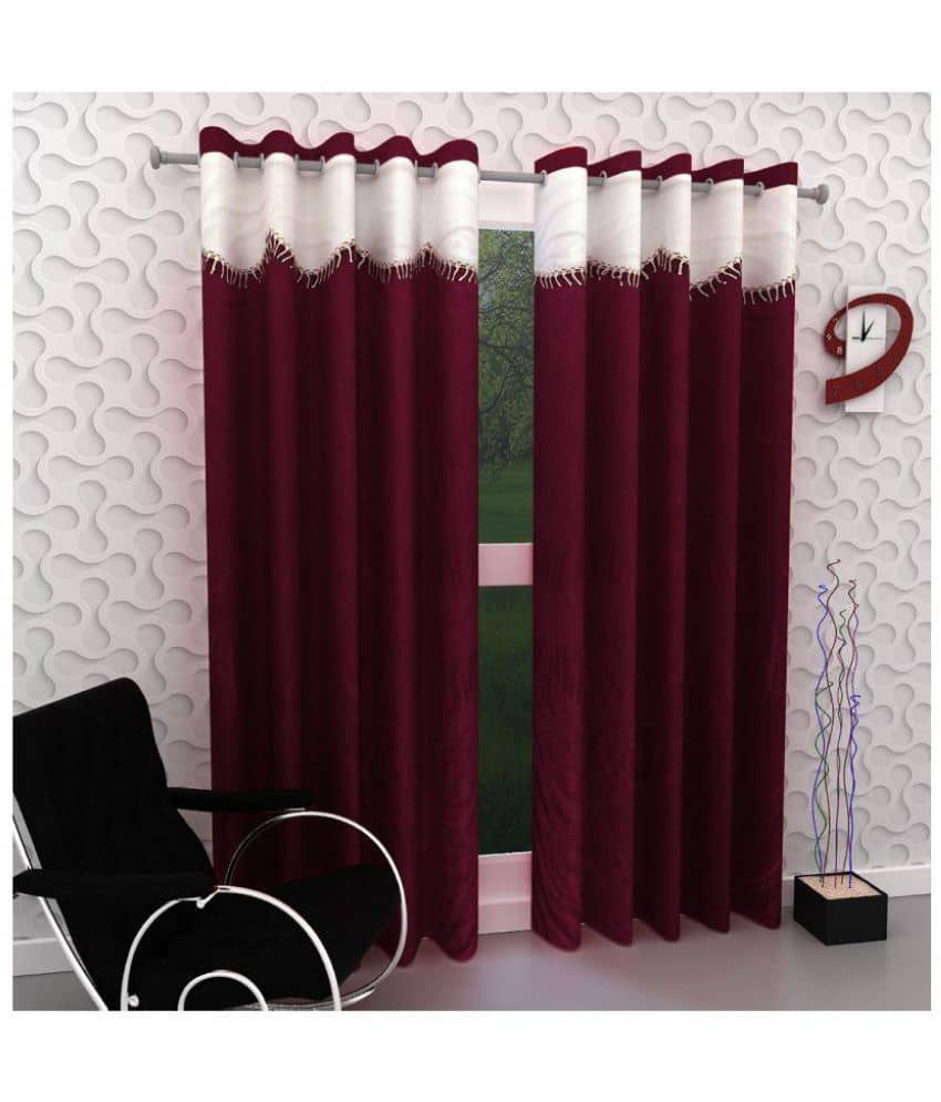 Panipat Textile Hub Floral Semi-Transparent Eyelet Door Curtain 7 ft Pack of 2 -Maroon