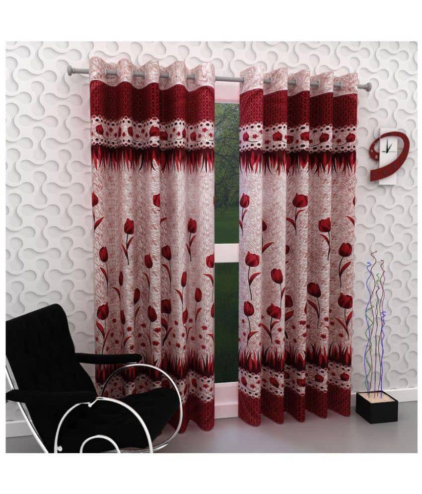 Panipat Textile Hub Floral Semi-Transparent Eyelet Door Curtain 7 ft Pack of 2 -Maroon