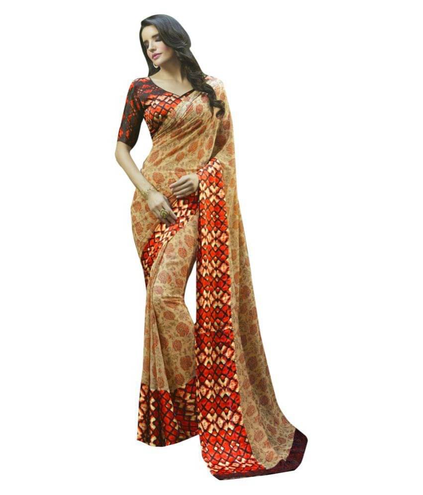 Shaily Retails Georgette Saree With Unstitched Blouse Piece ( Brown,Beige ) Shaily Retails Georgette Saree With Unstitched Blouse Piece ( Brown,Beige )