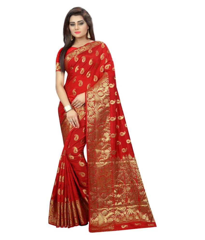 Gazal Fashions Silk Printed Saree With Unstitched Blouse Piece ( Red ) - Sarees | Buy online on ZillyBuy