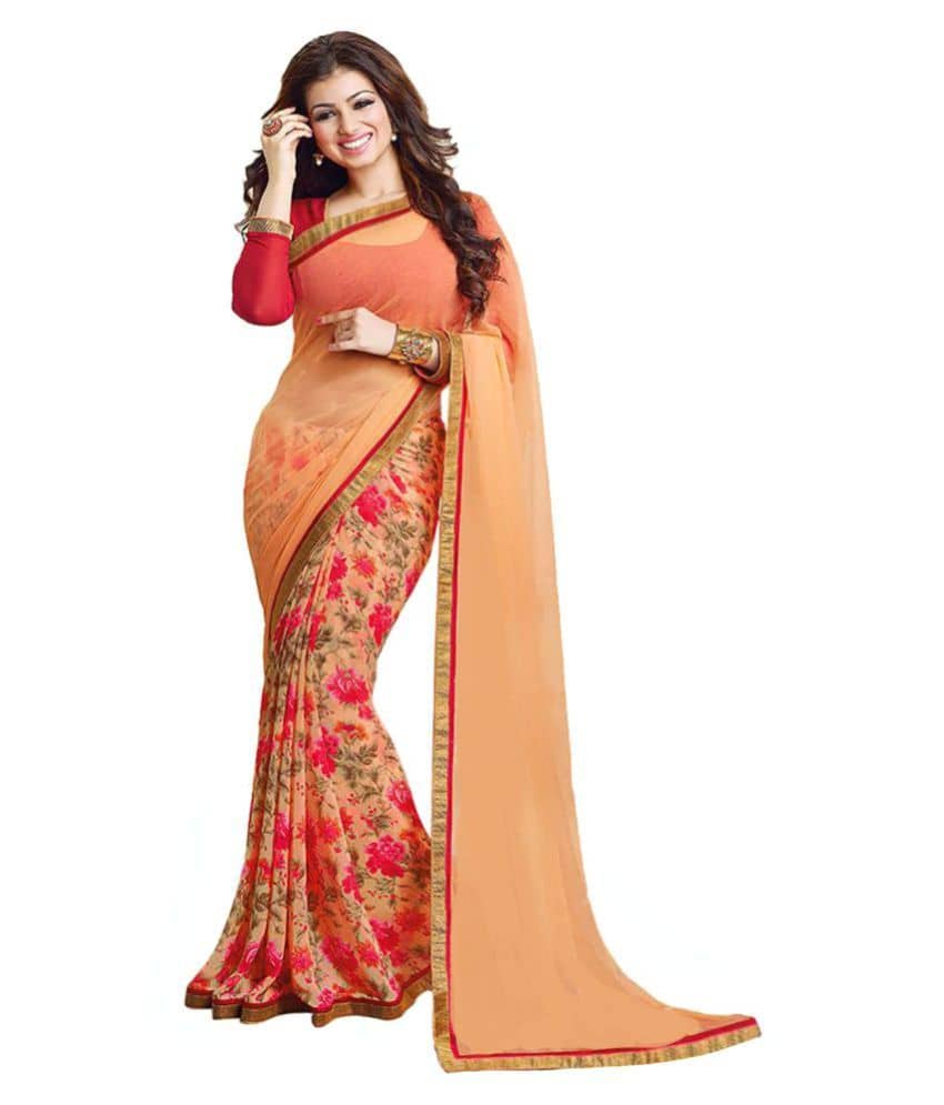 Gazal Fashions Georgette Printed Saree With Unstitched Blouse Piece ( Orange ) - Sarees | Buy online on ZillyBuy