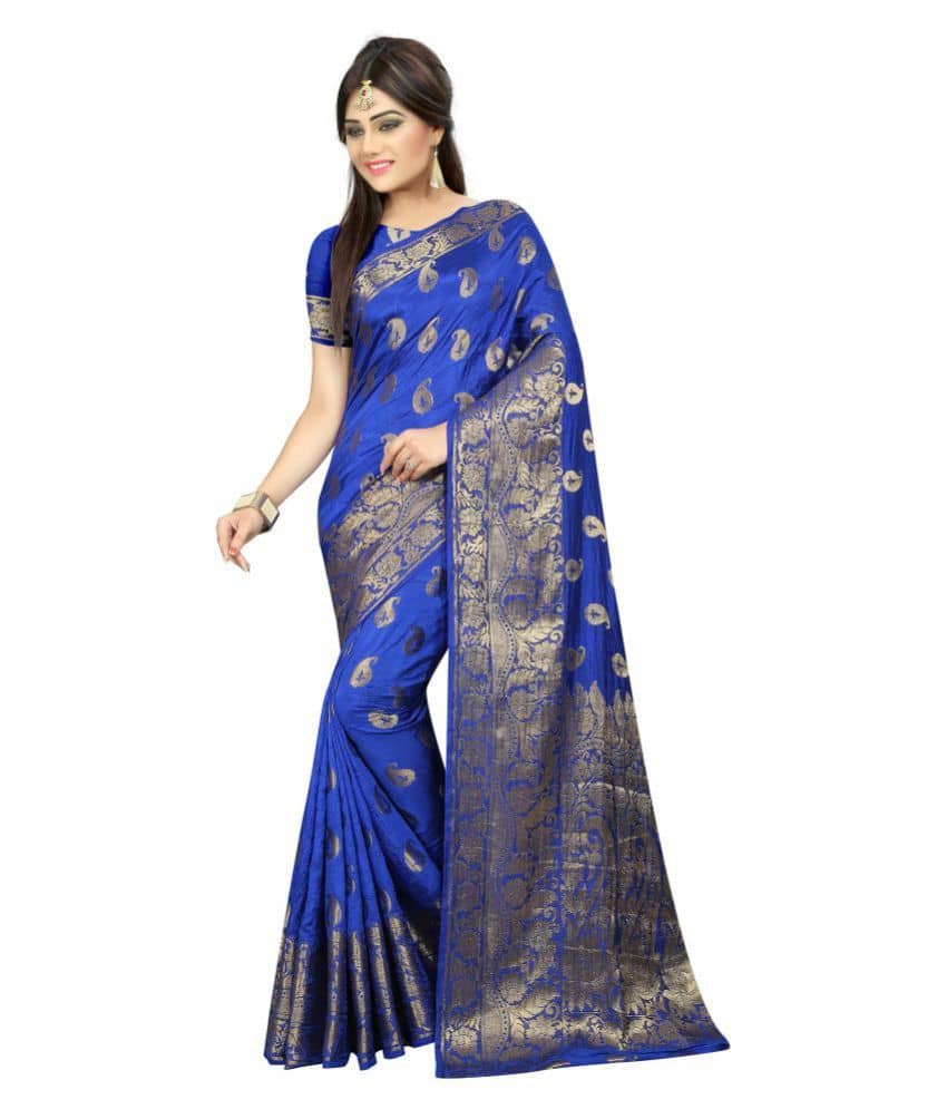 Gazal Fashions Silk Blend Printed Saree With Unstitched Blouse Piece ( Blue ) - Sarees | Buy online on ZillyBuy