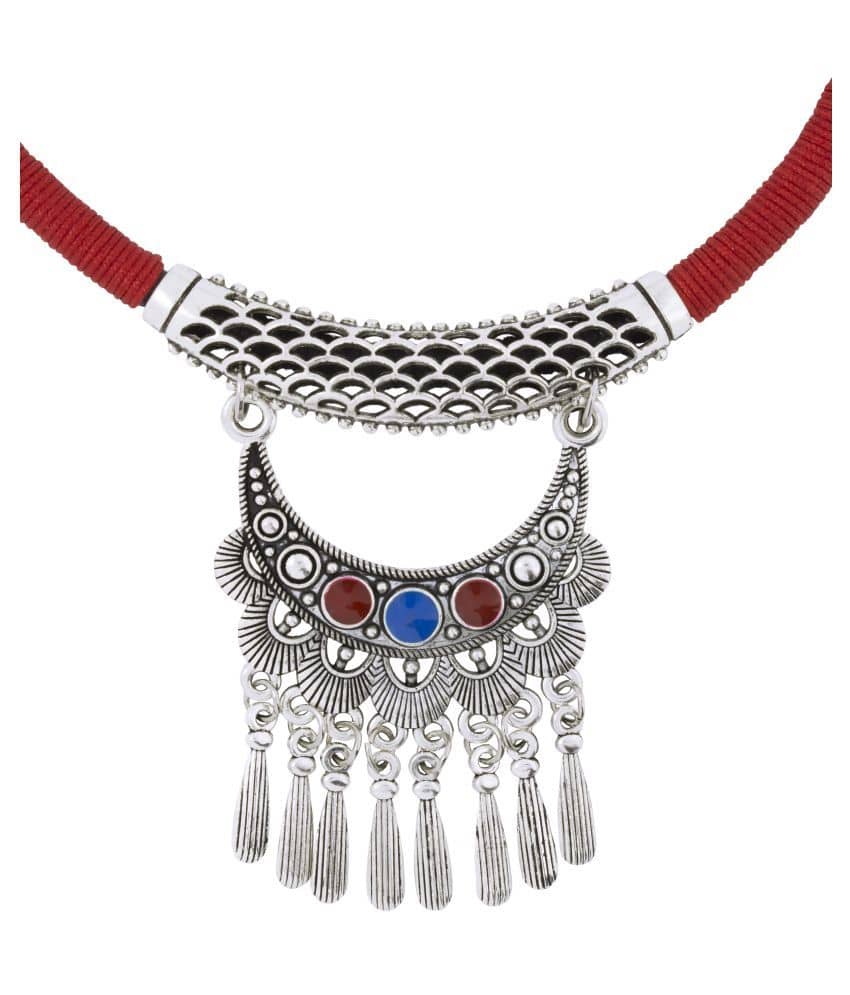 The Jewelbox Tibetan Tribal Oxidised German Silver Enamel Filigree Red Green Cotton Thread Necklace For Girl Women