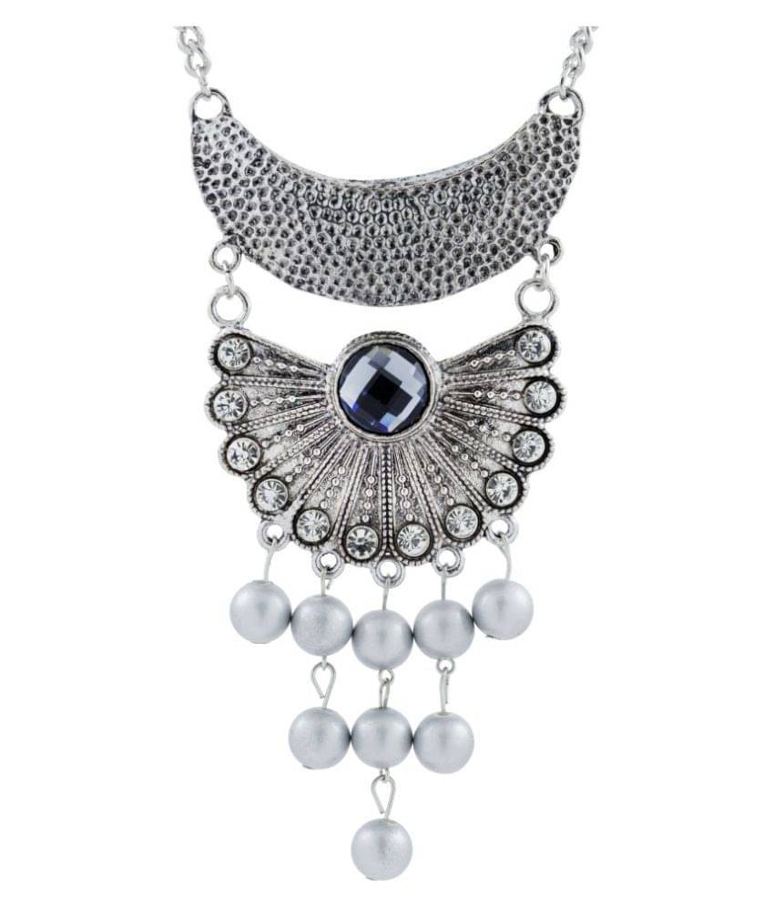 The Jewelbox Oxidised German Silver Blue Crystal Pearl Statement Necklace For Women The Jewelbox Oxidised German Silver Blue Crystal Pearl Statement Necklace For Women