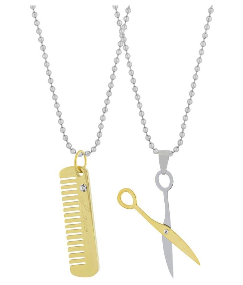     			The Jewelbox Comb Scissor Love Gold Silver 316L Surgical Stainless Steel Combo Pendant Chain Gift Couple
