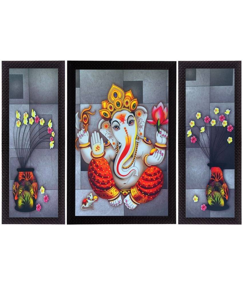 eCraftIndia Set of 3 Grey & Orange Lord Ganesha & Flora Satin Matt Texture UV Wall Art eCraftIndia Set of 3 Grey & Orange Lord Ganesha & Flora Satin Matt Texture UV Wall Art