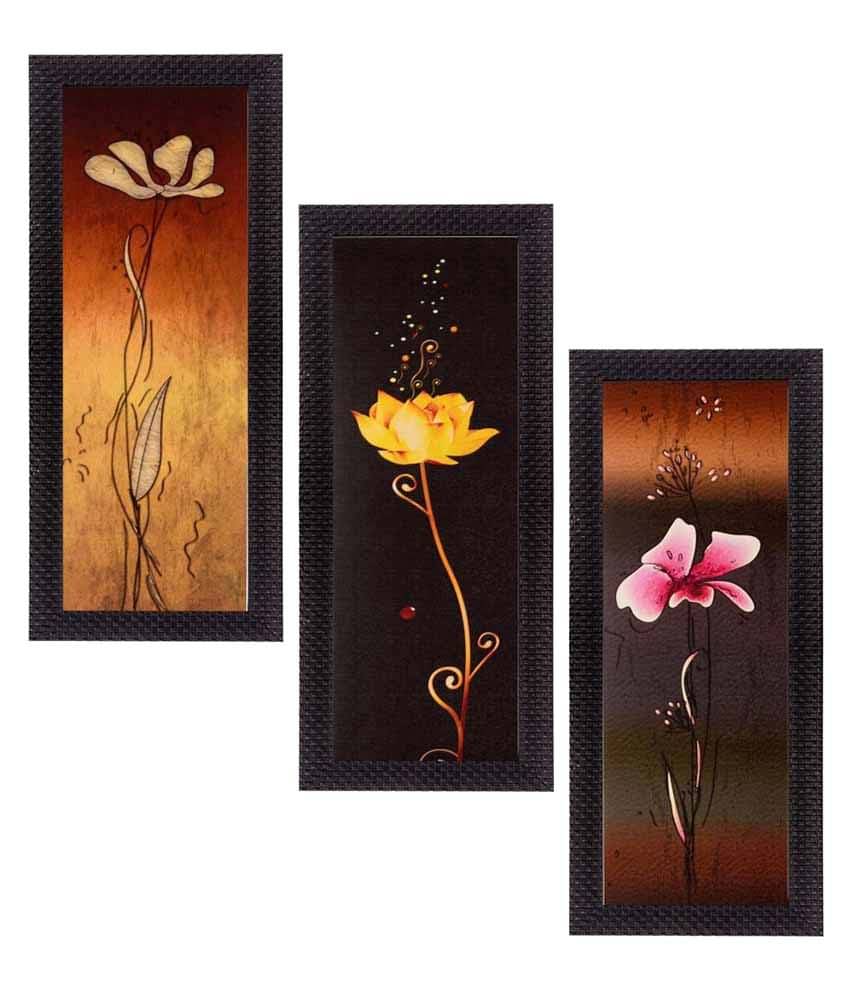     			eCraftIndia Brown Set of 3 Floral UV Wall Art