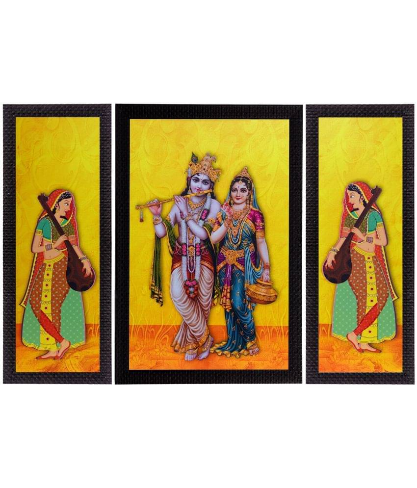 eCraftIndia Set of 3 Yellow & Green Lord Krishna With Radha Satin Matt Texture UV Wall Art eCraftIndia Set of 3 Yellow & Green Lord Krishna With Radha Satin Matt Texture UV Wall Art