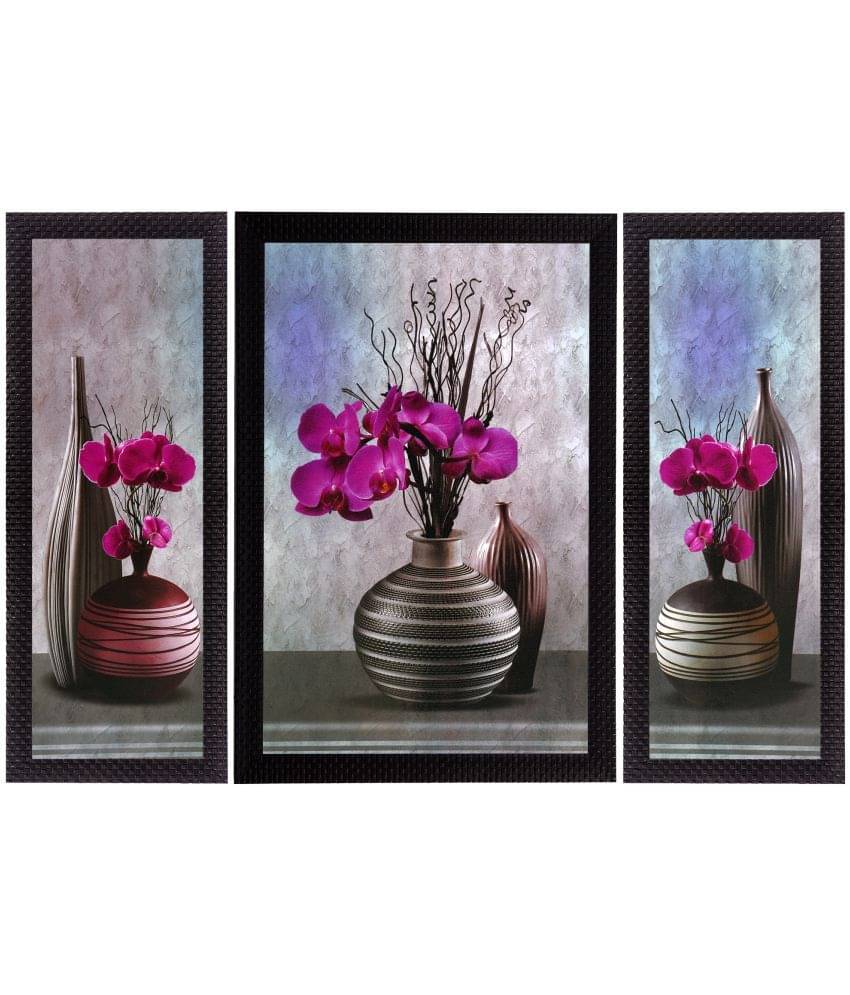     			eCraftIndia Set of 3 Pink & Grey Flower & Vase Satin Matt Texture UV Wall Art