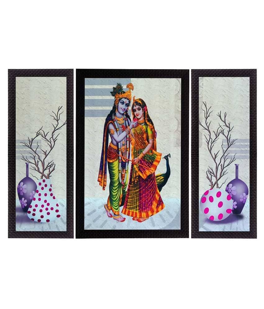     			eCraftIndia Set of 3 Red & Green Floral and Radha Krishna Satin Matt Texture UV Wall Art