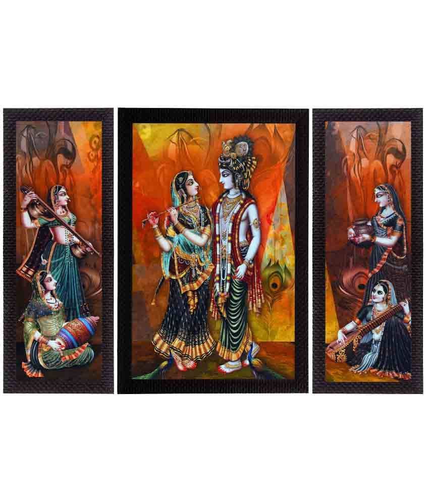 eCraftIndia Set of 3 Orange and Blue Musical Radha With Krishna Texture UV Wall Arts