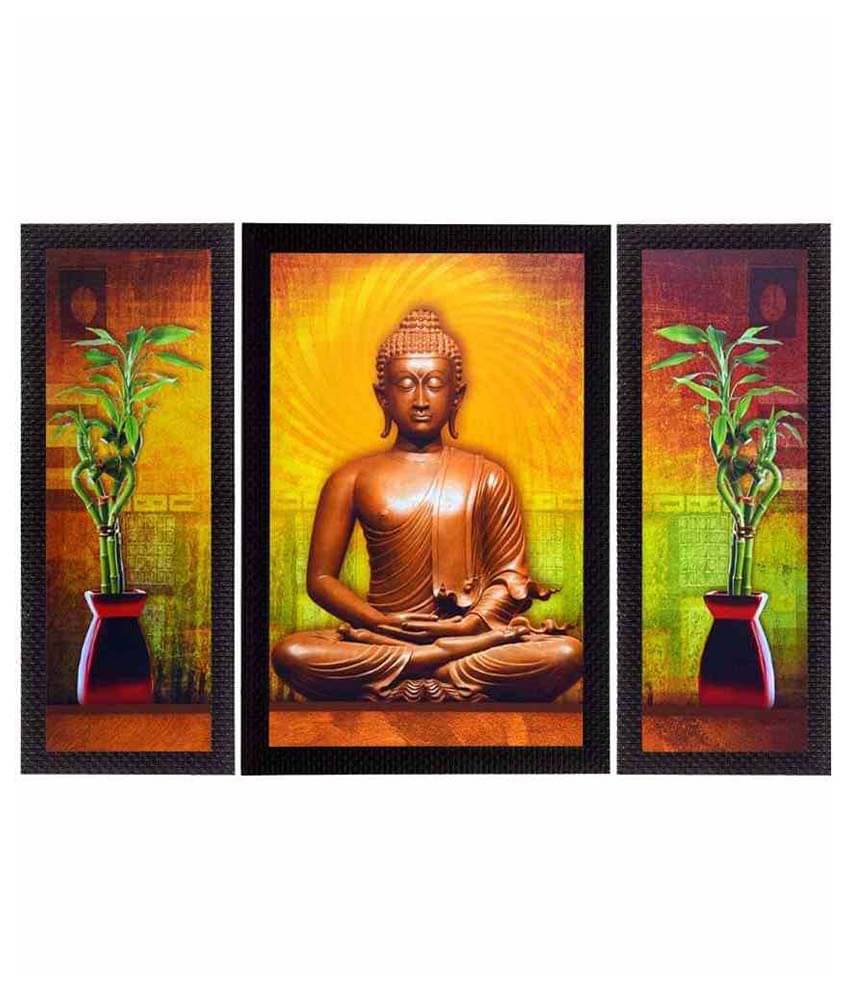     			eCraftIndia Set of 3 Brown & Orange Meditating Buddha Satin Matt Texture UV Wall Art