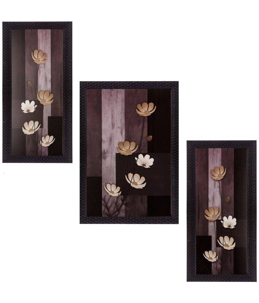     			eCraftIndia Brown & Beige Set of 3 Floral UV Wall Art