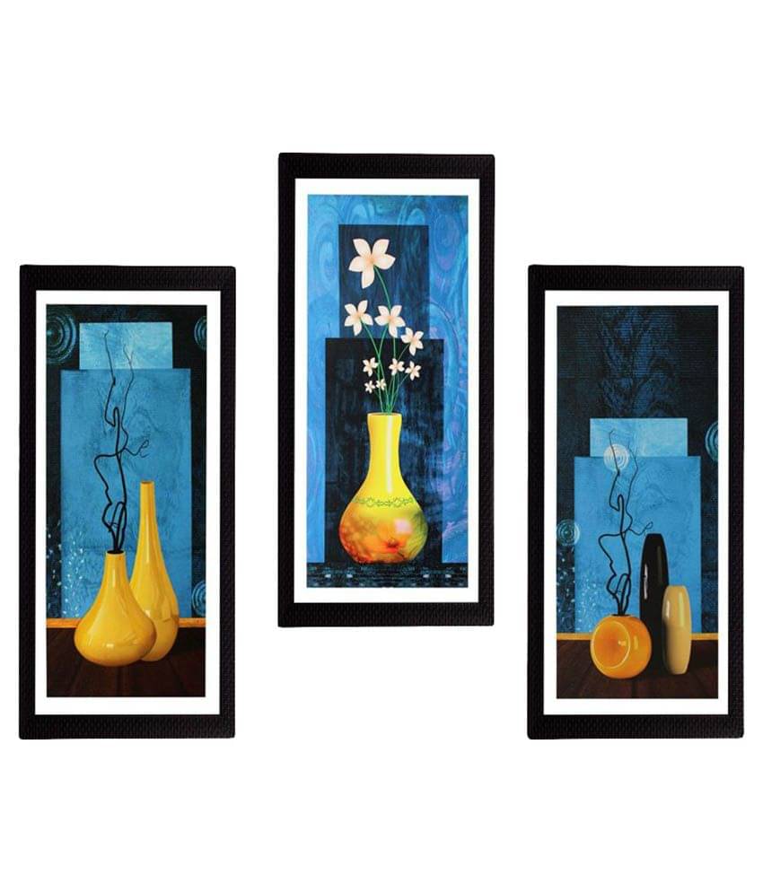     			eCraftIndia Set of 3 Blue & Yellow Botanical Pots Satin Matt Texture UV Wall Art